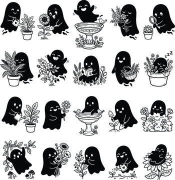 Halloween garden ghosts cute black and white plant illustrations for spooky decor