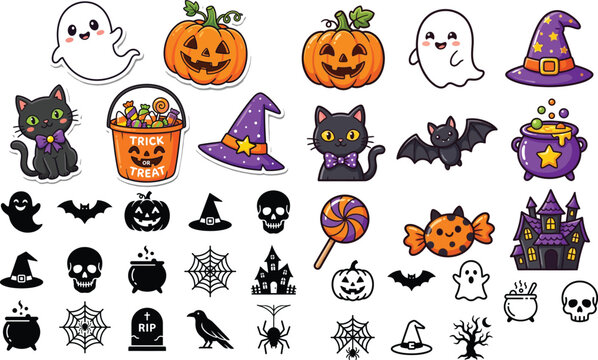Cute halloween stickers collection ghosts pumpkins cats spooky elements