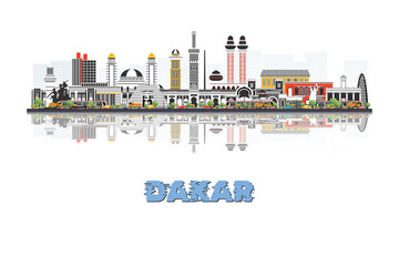 Obraz premium Dakar, Senegal skyline illustration with historic architecture modern buildings and reflection on white background.