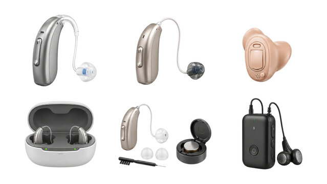 Assorted modern hearing aids and accessories including behind-the-ear RIC devices, in-ear bud, charging cases, earbuds, cleaning brush and rechargeable streamer
