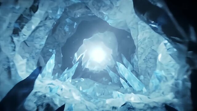 A mesmerizing cave filled with glowing blue ice crystals and a bright light at the end of the tunnel.