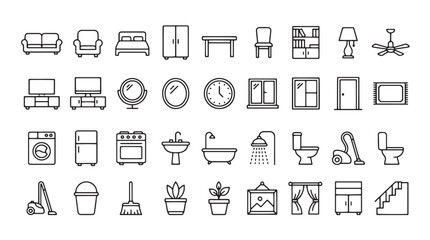 Fototapeta premium 40 Line Icons, Home Decor, Furniture, Interior Design Elements, Minimalist Style