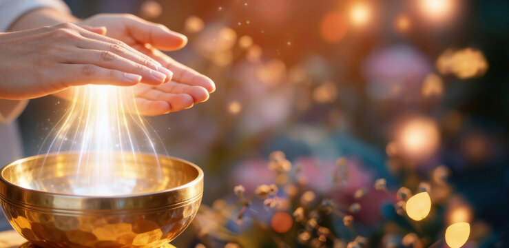 Tibetan Singing Bowl Releasing Golden Energy Flow into Healing Hands for Spiritual Therapy and Inner Peace