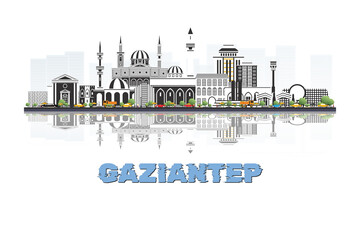 Obraz premium Gaziantep, Turkey skyline illustration with historic architecture modern buildings and reflection on white background.
