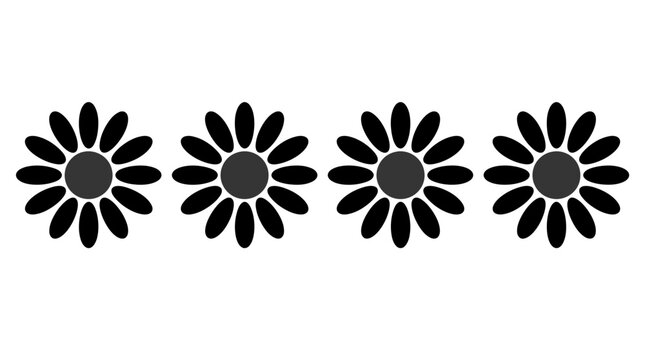 Seamless horizontal row of simple black daisy flower silhouettes on white background for decorative border design