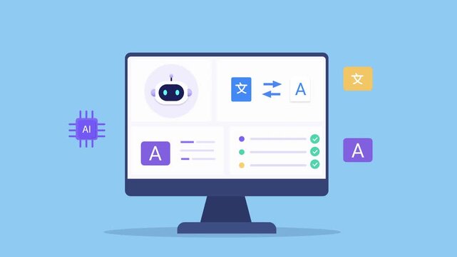 Animated flat vector dashboard featuring an AI assistant, language translation controls, multilingual interface, and text icons. Modern technology animation for localization and digital communication.