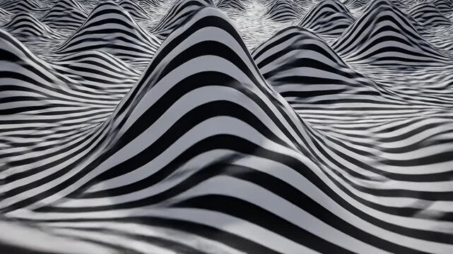 Abstract landscape of black and white wavy stripes.