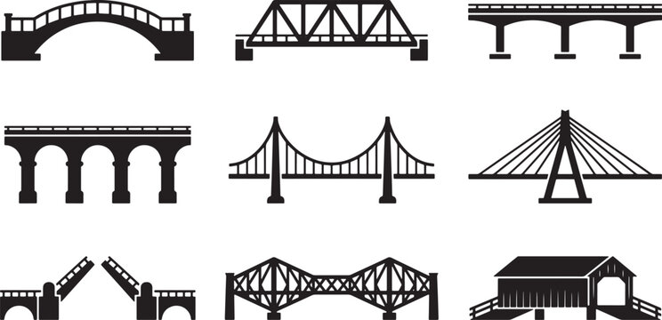 Set of various bridge silhouettes including suspension arch truss and drawbridge designs for architectural and engineering projects
