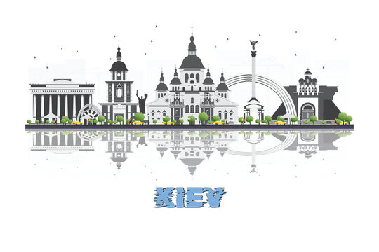Kiev, Ukraine illustration with historic architecture modern buildings and reflection on white background.