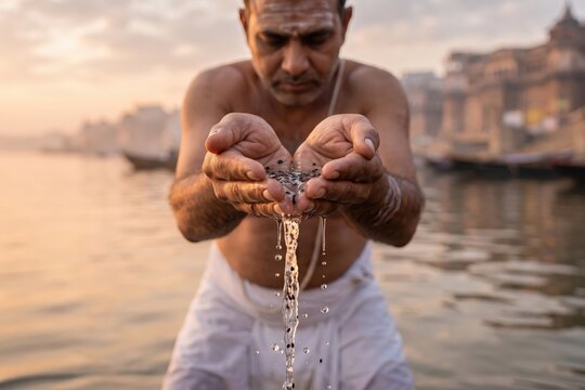 Tarpanam Water Offering &ndash; Hindu Ancestor Ritual Closeup