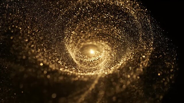 Abstract vortex of golden particles with a bright light at its center.
