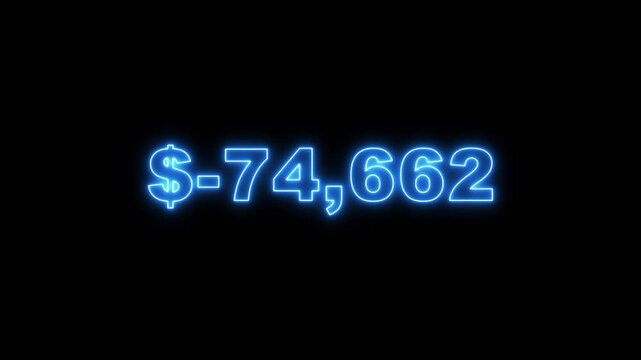 Futuristic blue neon dollar number countdown animation from -100000 to 0 on black background. Glowing neon negative numbers from -100000 to Zero.