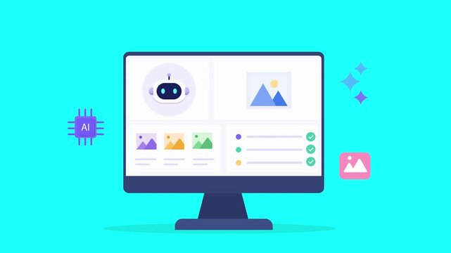 Animated flat vector dashboard featuring an AI assistant, image gallery, photo thumbnails, and media interface. Modern technology animation for visual content management and digital workflow.