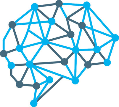 An editable artificial intelligence vector illustration featuring a digital human brain constructed with blue and grey network nodes. Perfect graphic asset for tech startups and machine learning.