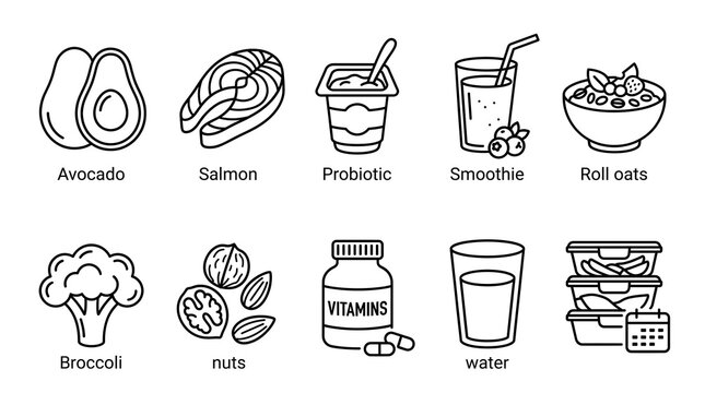 Vector line icon set of healthy nutrition and wellness food elements including avocado, salmon, probiotic yogurt, smoothie, rolled oats, broccoli, nuts and vitamins supplement
