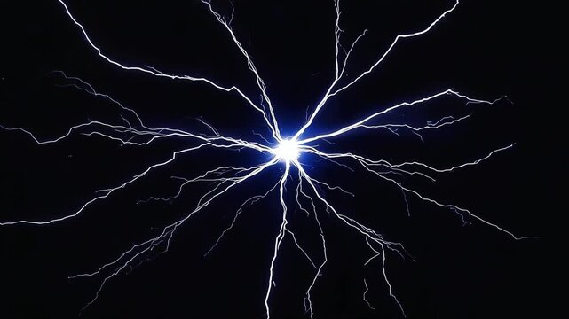 Futuristic abstract electronic plasma sphere discharging intense network of silver lightning bolts loop.