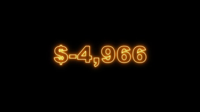 Futuristic orange neon dollar number countdown animation from -10000 to 0 on black background. Glowing neon negative numbers from -10000 to Zero.