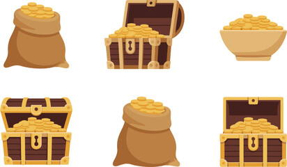 Pirate treasure chest and money bag vector illustration set, cartoon gold coins elements on white background © Kaiyum