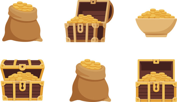 Pirate treasure chest and money bag vector illustration set, cartoon gold coins elements on white background
