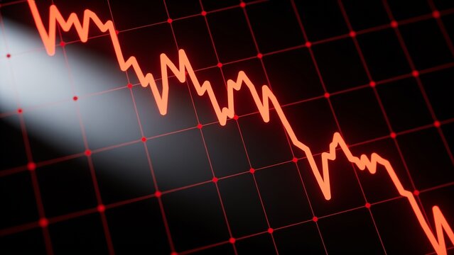 A declining stock market graph shows a red line trending downward on a black grid background with a spotlight.