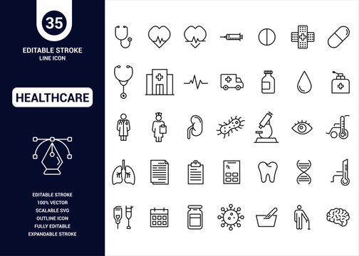 HealthCare Icon Set. Fully Editable Stroke Line Icon, Vector Illustration, Medical Icon