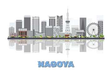 Obraz premium Nagoya, Japan skyline illustration with historic architecture modern buildings and reflection on white background.