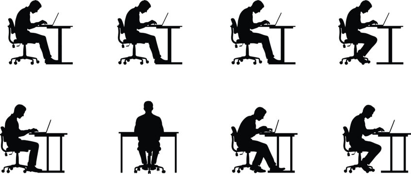 Eight silhouettes of a man working on a laptop at a desk computer desks
