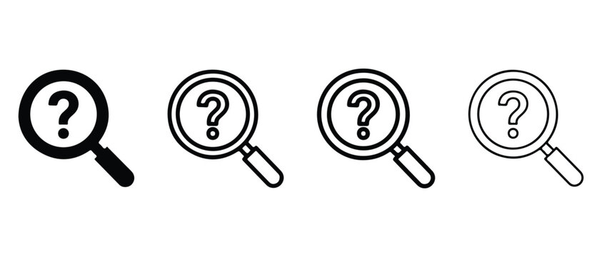  magnifying glasses with question marks on white background for search and investigation concepts