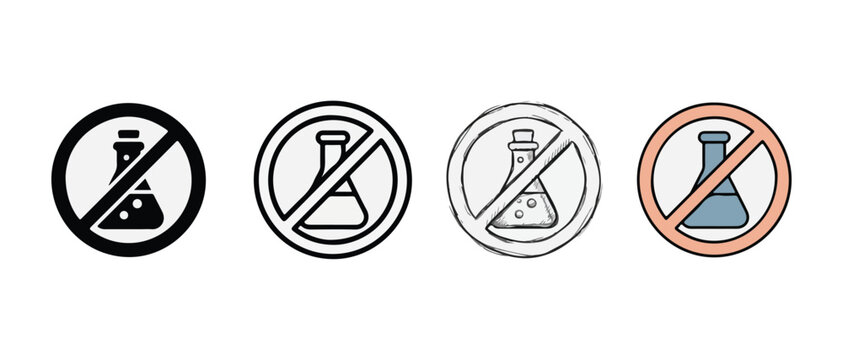 no chemistry icons with beakers in prohibited signs on white background  warning symbols for laboratories and chemicals