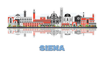 Obraz premium Siena, Italy skyline illustration with historic architecture modern buildings and reflection on white background.