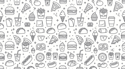 Naklejka premium Minimalist fast food line art seamless background pattern.
