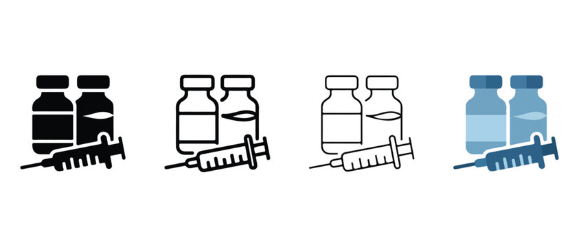 medical icons with vials and syringes in different colors  black line art gray and blue on white background