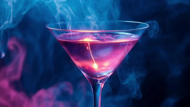 Pink cocktail in a martini glass with swirling smoke against a moody dark background, elegant drink, mysterious bar mood, luxury beverage, evening glamour.