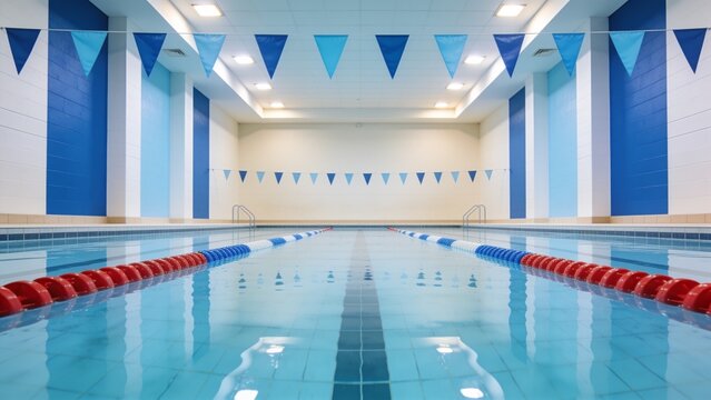 An indoor swimming pool with blue water and red lane dividers is seen from the side.