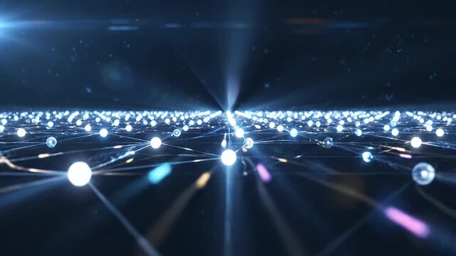 A digital network of glowing nodes connected by luminous lines, receding into the darkness.