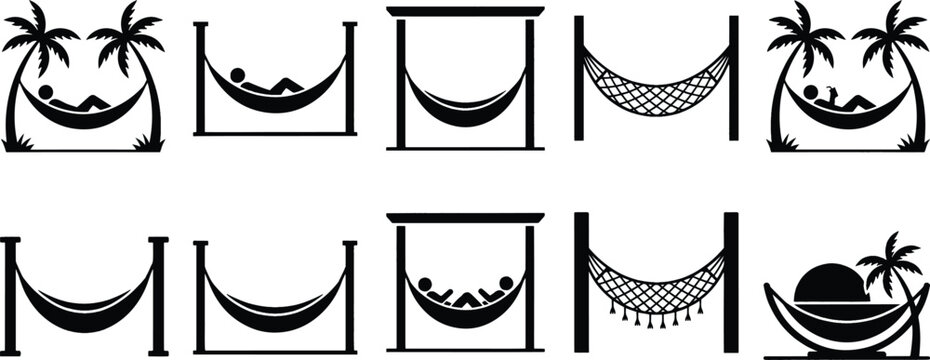 Modern Minimalist Tropical Travel Collection, Flat Resort Leisure Clip Art Stamps, Hammock Silhouette Set, Summer Vacation Relaxation Vector Icons, vector, illustration, silhouette.
