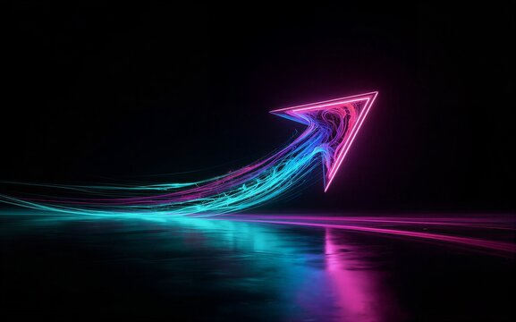 Neon arrow glows vibrant pink and blue, trails light across dark reflective surface.