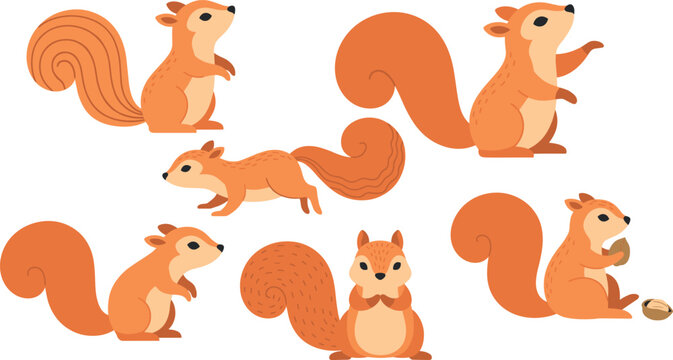 Cute cartoon red squirrel vector character set featuring multi-pose woodland animals sitting running jumping eating nuts isolated on white background