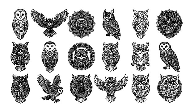Intricate Owl Mandala Vector Pack with Ornamental Symmetrical Bird Illustrations