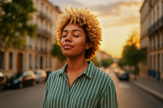 Serene afro woman with curly hair enjoying golden hour in city street