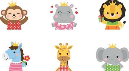 Cute cartoon safari animal princess character vector set featuring monkey hippo lion horse giraffe and elephant avatars wearing golden crowns isolated © Sumaiya Akter Sweety