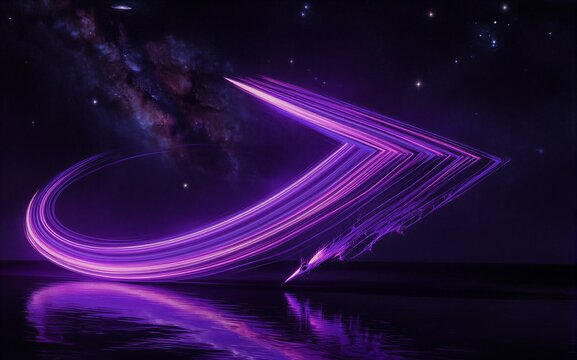 Purple light trails soar through starry sky, reflecting on dark water below.