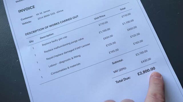 Invoice document showing vehicle repair charges and total amount due, with a finger pointing at the bill. Close-up financial paperwork detailing expensive automotive service costs, fees, and VAT