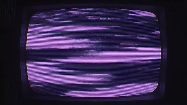 An old television screen displays static with purple and pink hues.