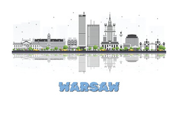 Obraz premium Warsaw, Poland skyline illustration with historic architecture modern buildings and reflection on white background.