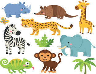 Cute cartoon wild jungle safari animals set featuring elephant giraffe zebra monkey leopard rhino chameleon and armadillo vector illustration isolated on white background © Sumaiya Akter Sweety