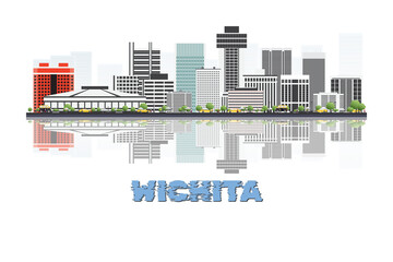Obraz premium Wichita, Kansas, USA skyline illustration with historic architecture modern buildings and reflection on white background.