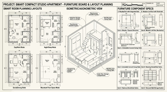 Smart compact studio apartment furniture board and layout planning sheet