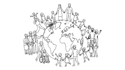 Fototapeta premium Diverse People Holding Hands Around The World Earth Globe Outline