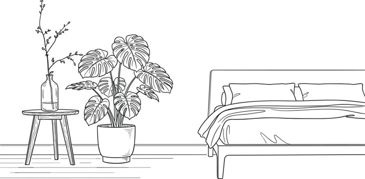 Minimalist bedroom interior line art vector illustration with double bed potted monstera plant and side wooden table